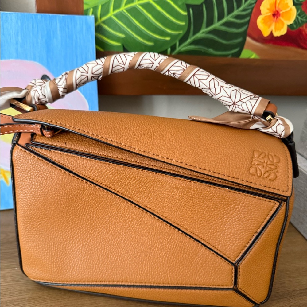 Tan Leather Geometric Trim Handbags Zipper Square Shoulder Bags